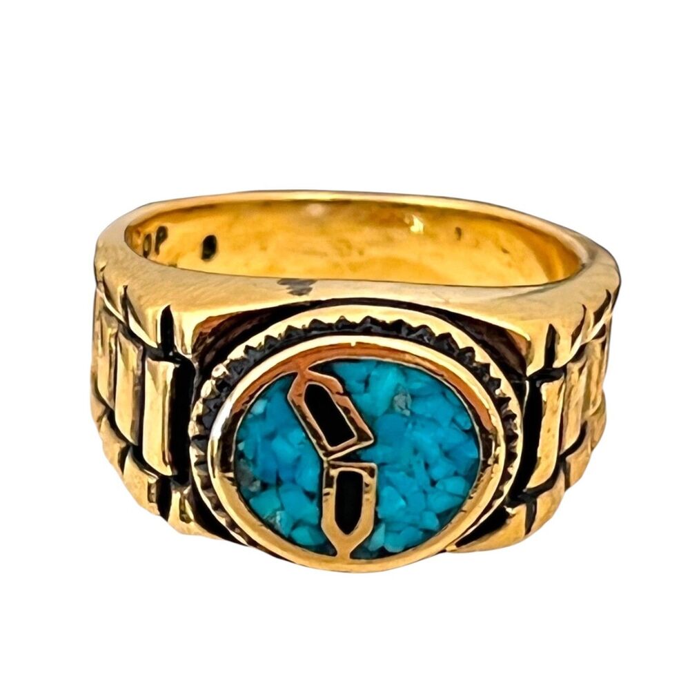 Vintage 1980s Ring Size 12 Castings On Parade Turquoise Inlay Gold Plated - 14W